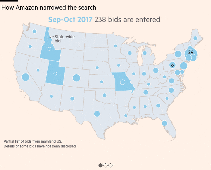 Animated map showing how Amazon narrowed the search for its second headquarters