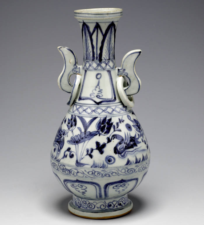 1. Blue and white vase with flaring handles, painted with ducks and lotus, Yuan dynasty 1280 - 1368, height 24.8 cm. This has an old English provenance. It was formerly in the well-known collection of Mrs. Alfred Clark and was exhibited in one of the first major post-war exhibitions of Chinese art in the West, namely 'Mostra d'Arte Cinese,' Venice, 1954.