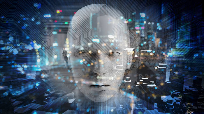 Internet of things Disruption everything , neural network , deep learning , artificial intelligence concept. 3d rendering of robot face , blue bokeh and building abstract background.