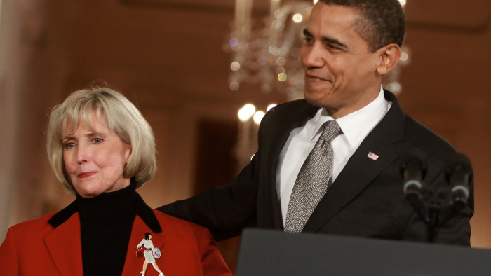 WASHINGTON - JANUARY 29: U.S. President Barack Obama hugs Lilly Ledbetter before signing the &quot;Lilly Ledbetter Fair Pay Act duringn an event in the East Room of the White House January 29, 2009 in Washington, DC. The The Lilly Ledbetter Fair Pay Act was recently passed by congress granting equal pay to all women. (Photo by Mark Wilson/Getty Images)