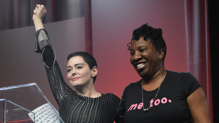 DETROIT, MI - OCTOBER 27: Actress Rose McGowan and Tarana Burke on stage at Cobo Center on October 27, 2017 in Detroit, Michigan. (Photo by Aaron Thornton/Getty Images)
