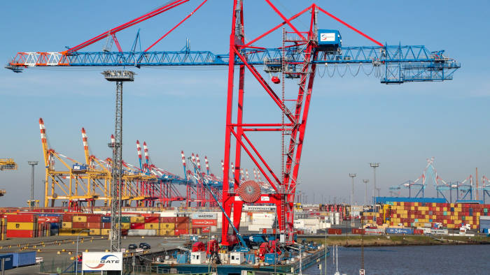 Mandatory Credit: Photo by FOCKE STRANGMANN/EPA-EFE/Shutterstock (10593387ak) A new built container bridge for the Eurogate container terminal in Hamburg on a barge at the port of Bremerhaven, northern Germany, 25 March 2020. Due to the spread of the SARS-CoV-2 coronavirus causing the Covid-19 disease, the maritime economy in Europe and abroad has slowed down. Coronovirus epidemic in Germany, Bremerhaven - 25 Mar 2020