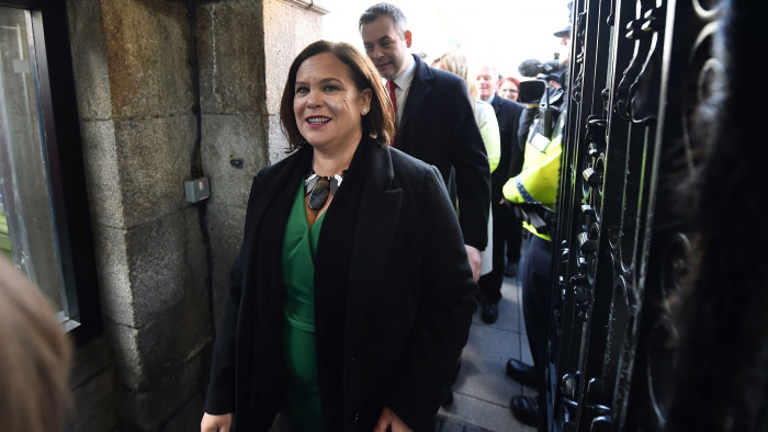 DUBLIN, IRELAND - FEBRUARY 20: Sinn Fein leader Mary Lou McDonald arrives for the reconvening of the 33rd Dail Eireann following the recent Irish Election on February 20, 2020 in Dublin, Ireland. The Irish election saw a surge for Sinn Fein and a fall in seats for Fine Gael, led by Leo Varadkar and Fianna Fail, led by Micheal Martin. Varadkar is expected to officially resign as Taoiseach today and continue the position in a caretaker role until a new Taoiseach is appointed. (Photo by Charles McQuillan/Getty Images)