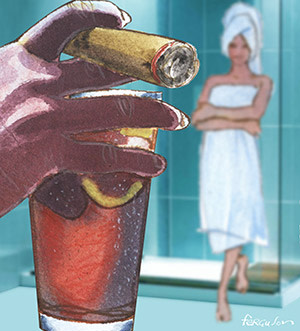 Foreground: man's hand holding a cigar and a drink. background: woman coming out of a shower