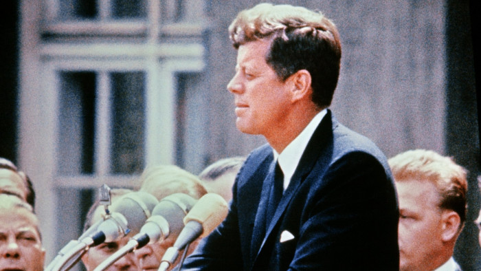 A portrait taken on July 15, 1957 shows US Senator John Fitzgerald Kennedy giving a speech. AFP PHOTO (Photo credit should read STRINGER/AFP/Getty Images)
