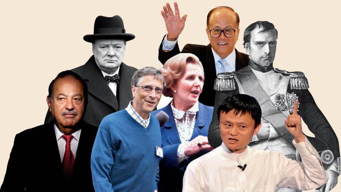 (clockwise from top) Li Ka-shing, Napoleon, Jack Ma, Margaret Thatcher, Bill Gates, Carlos Slim and Winston Churchill