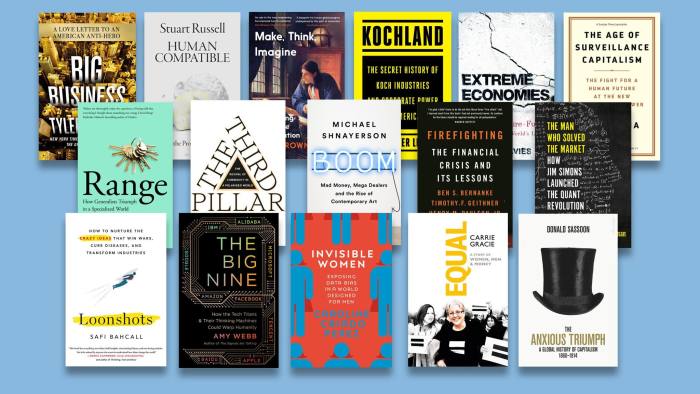 Big Business by Tyler Cowen, Human Compatible by Stuart Russell, Make, Think, Imagine by John Browne, Kochland by Christopher Leonard, Extreme Economics by Richard Davies, The Age of Surveillance Capitalism by Shoshana Zuboff, Range by David Epstein, The Third Pillar by Raghuram Rajan, Boom by Michael Snayserson, Firefighting by Ben S. Bernanke, Timothy F. Geithner and Henry M. Paulson Jr, The Man who Solve the Markets by Gregory Zuckerman, Loonshots by Safi Bahcall, The Big Nine by Amy Webb, Invisibe Women by Carolina Criado Perez, Equal by Carrie Gracie, The Anxious Triumph by Donald Sassoon,