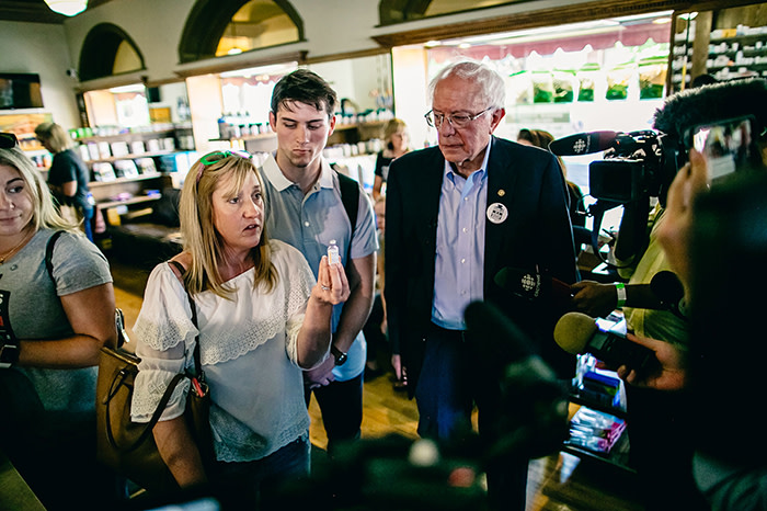 Kathy Segos and her son Hunter discuss insulin rationing with Bernie Sanders in July. Kathy pays $1,200 a month for Hunter’s insulin – it is the household’s single-biggest expense