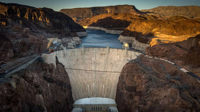 This April 13, 2014 view shows Hoover Da...This April 13, 2014 view shows Hoover Dam, a concrete arch-gravity dam in the Black Canyon of the Colorado River on the border between the US states of Arizona and Nevada. Hoover Dam ,finished in 1936, impounds Lake Mead, the largest reservoir in the United States by volume. The dam's generators provide power for public and private utilities in Nevada, Arizona, and California. Hoover Dam is a major tourist attraction; nearly a million people tour the dam each year. AFP PHOTO/JOE KLAMARJOE KLAMAR/AFP/Getty Images