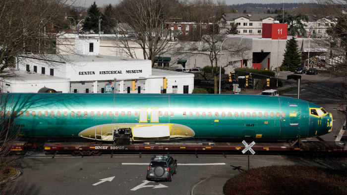 Boeing 737 fuselages are delivered by train to a Boeing manufacturing site in Renton, Washington state