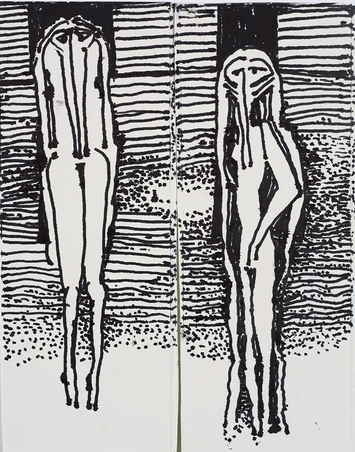 IBRAHIM EL-SALAHI Pain Relief Drawing; Adam and Eve, 2016-2018 Pen and Ink on the back of a medicine packet 12.5 x 10 cm 4 7/8 x 4 inches