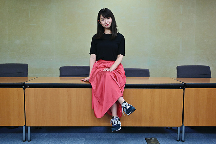 Yumi Ishikawa, leader and founder of the KuToo movement, poses after a press conference in Tokyo on June 3, 2019. - A group of Japanese women on June 3 submitted a petition to the government to protest what they say is a de-facto requirement for female staff to wear high heels at work. The online campaign #KuToo, using a pun from a Japanese word &quot;kutsu&quot; -- that can mean either &quot;shoes&quot; or &quot;pain&quot; -- was launched by actress and freelance writer Yumi Ishikawa and quickly won support from nearly 19,000 people online. (Photo by Charly TRIBALLEAU / AFP) (Photo credit should read CHARLY TRIBALLEAU/AFP/Getty Images)