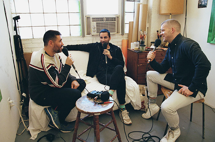 Talk Art hosts Russell Tovey, left, and Robert Diament, right, talk with artist Salman Toor in New York, Jan. 27, 2020. The hosts, who interview their guests with a wide-eyed gusto, have steadily built up a substantial following since launching in October 2018. (Christine Ting/The New York Times) Credit: New York Times / Redux / eyevine For further information please contact eyevine tel: +44 (0) 20 8709 8709 e-mail: info@eyevine.com www.eyevine.com