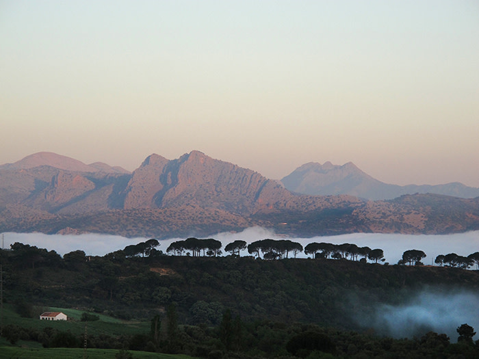 Dawn view from Ronda towards Benaojan and the Sierra Grazalema - the first stage of the walk. credit Stephen Venables