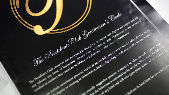 The brochure for the Presidents Club dinner warned the male guests against 'harassment and unwanted conduct'