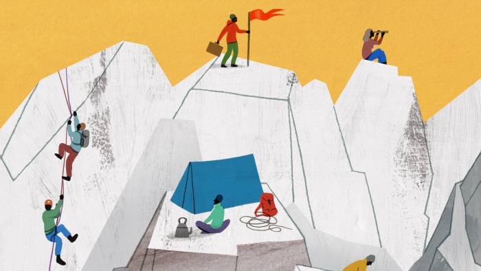 Illustration of employees climbing mountain