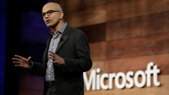 (FILES) This file photo taken on November 29, 2017 shows Microsoft CEO Satya Nadella speaking during the annual Microsoft shareholders meeting in Bellevue, Washington. Microsoft on March 29, 2018 announced a big managerial shakeup including the departure of the head of its Windows group as the technology pushes deeper into a future in the cloud. / AFP PHOTO / Jason RedmondJASON REDMOND/AFP/Getty Images