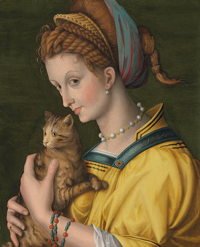 PORTRAIT OF A YOUNG LADY HOLDING A CAT ANTONIO D'UBERTINO VERDI, CALLED BACCHIACCA (1499 - Florence - 1572) Oil on poplar panel, possibly mixed with tempera 53.6 x 43.8 cm (21 x 17.2 in.) EXHIBITOR: NICHOLAS HALL