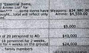 A spreadsheet seized by the FBI appears to depict the prices of various weapons and logistical support