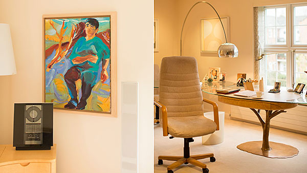 From left: Portrait of Giles, by June Redfern; office, with a desk by Nick Allen; Stephanie Shirley