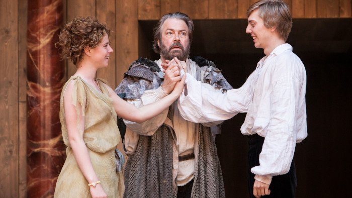 Roger Allam, centre, with Jessie Buckley and Joshua James in ‘The Tempest’