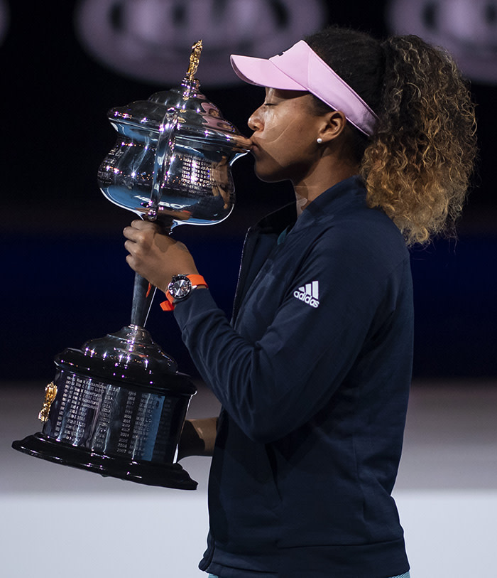 Osaka celebrating after beating Petra Kvitova to win the 2019 Australian Open in January – her second Grand Slam title. Her Grand Slam wins have given her global prominence: last month, she signed a deal with Nike, her biggest commercial partnership to date