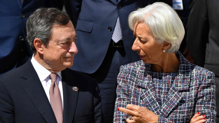 (FILES) In this file photo taken on May 13, 2017 Managing Director of the International Monetary Fund (IMF) Christine Lagarde (R) chats with the President of the European Central Bank (ECB) Mario Draghi before a family photo on the second day of a G7 summit of Finance Ministers in Bari. - IMF chief Christine Lagarde may be the first woman to be nominated head of the European Central Bank to replace Mario Draghi. (Photo by Alberto PIZZOLI / AFP)ALBERTO PIZZOLI/AFP/Getty Images