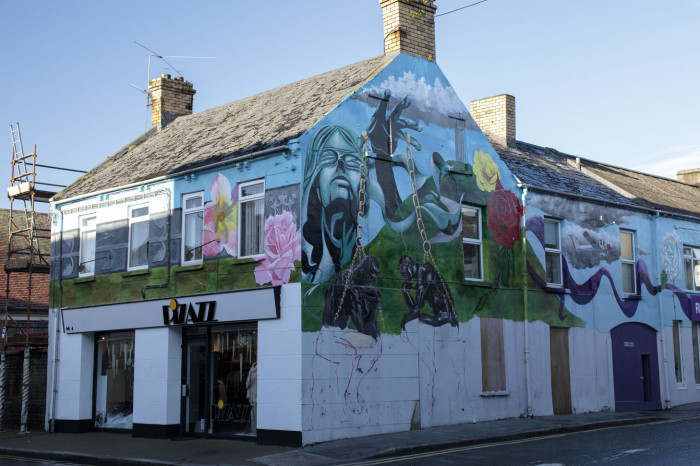 The mural that Mark Ervine and Paul Doran are working on in Newtownards