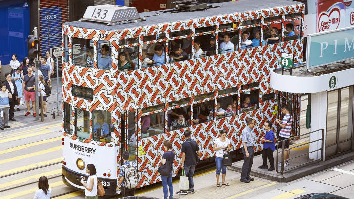 Peter Saville's new Burberry design on a tram in Hong Kong