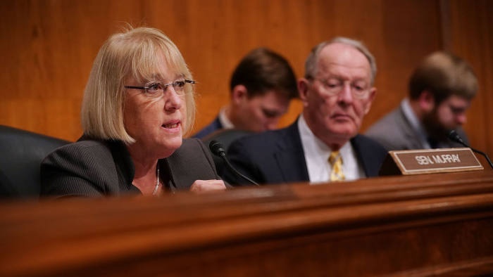 WASHINGTON, DC - NOVEMBER 15: Senate Health, Education, Labor and Pensions Committee ranking member Sen. Patty Murray (D-WA) (L) delivers opening remarks during a hearing with Chairman Lamar Alexander (R-TN) in the Dirksen Senate Office Building on Capitol Hill November 15, 2017 in Washington, DC. U.S. Surgeon General Jerome Adams testified before the committee about community-level health promotion programs and businesses that offer incentives to employees that practice healthy lifestyles. (Photo by Chip Somodevilla/Getty Images)
