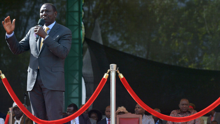 Kenya's Deputy president William Ruto delivers a speech during an inter-religious event at the Afraha stadium in Nakuru on April 16, 2016. President Uhuru Kenyatta and his deputy William Ruto hold thanksgiving prayers after International Criminal Court (ICC) charges against them were dropped, a rally seen as kicking off a re-election campaign. Both Uhuru and Ruto faced counts of crimes against humanity for their alleged roles in Kenya's 2007-2008 post-poll violence that claimed more than 1,500 lives and displaced at least 600,000 others. / AFP PHOTO / TONY KARUMBATONY KARUMBA/AFP/Getty Images