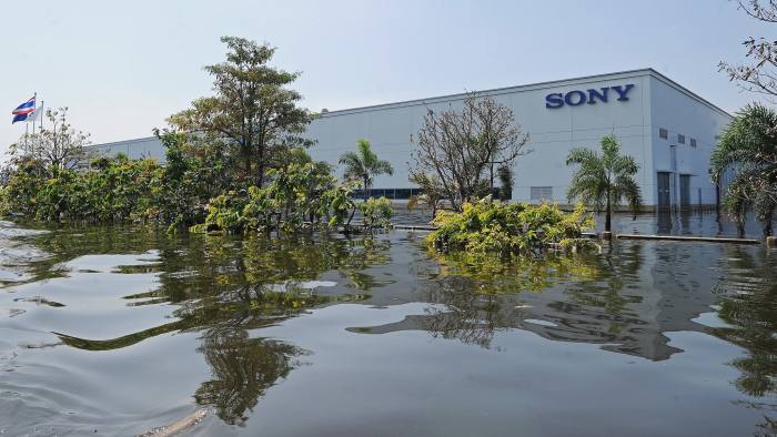General view of Sony factory surrounded by floodwaters at a Hi-Tech industrial estate in Ayutthaya province on November 8, 2011. Thailand's prime minister said she would miss an Asia-Pacific summit in Hawaii this weekend, postponing her debut on the world stage to deal with the kingdom's worst floods in half a century. AFP PHOTO / Pornchai KITTIWONGSAKUL (Photo credit should read PORNCHAI KITTIWONGSAKUL/AFP/Getty Images)
