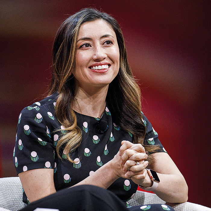 Katrina Lake, founder and chief executive officer of Stitch Fix Inc., smiles during the 2018 Makers Conference in Hollywood, California, U.S., on Wednesday, Feb. 7, 2018. The event gathers industry leading females for roundtable discussions to help inspire the women of tomorrow. Photographer: Patrick T. Fallon/Bloomberg