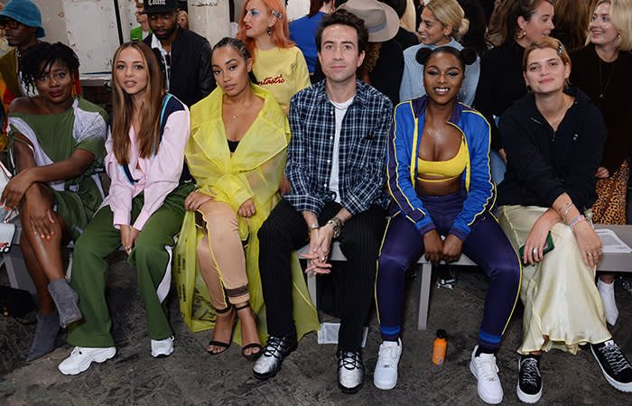 LONDON, ENGLAND - SEPTEMBER 15:  (L to R) Clara Amfo, Jade Thirlwall, Leigh-Anne Pinnock, Nick Grimshaw, Nadia Rose and Pixie Geldof attend the House Of Holland front row during London Fashion Week September 2018 at the My Beautiful City Show Space on September 15, 2018 in London, England.  (Photo by David M. Benett/Dave Benett/Getty Images)