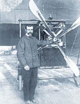 Louis Bleriot (1872 - 1936), the French air pioneer who made the first flight across the English Channel, with one of his monoplanes