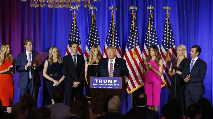 Republican presidential candidate Donald Trump, his family in attendence, delivers remarks following primaries in California, Montana, New Jersey, New Mexico, North Dakota and South Dakota at Trump National Golf Club Westchester in Briarcliff Manor, New York, June 07, 2016 / AFP / KENA BETANCUR (Photo credit should read KENA BETANCUR/AFP/Getty Images)