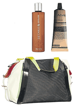 Shower gel  by Liz Earle (£12.50); body balm by Aesop (£25); holdall by Monreal London (£540) at Net-a-Sporter