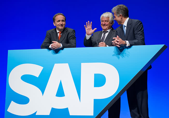 SAP executives Jim Hagemann Snabe, Hasso Plattner and Bill McDermott following the announcement of the purchase of Ariba in 2012
