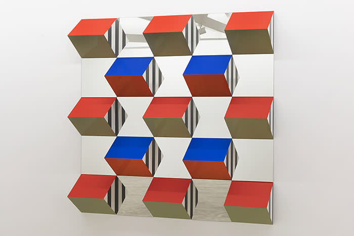 Galeria Nara Roesler - Art Basel Miami Beach - artist Daniel Buren Prisms and Mirrors, high reliefs, situated works 2016/2017 for São Paulo, 2017 wood, glue, lacquer, and vinyl adhesive 78.7 x 78.7 in