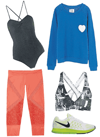 Clockwise from top left: leotard by Ballet Beautiful at Net-a-Sporter (£165); sweatshirt by Zoe Karssen (£95); sports bra by Bodyism at Net-a-Sporter (£50); Air Zoom Pegasus 31 by Nike (£8); tights by Stella McCartney for Adidas (£65)