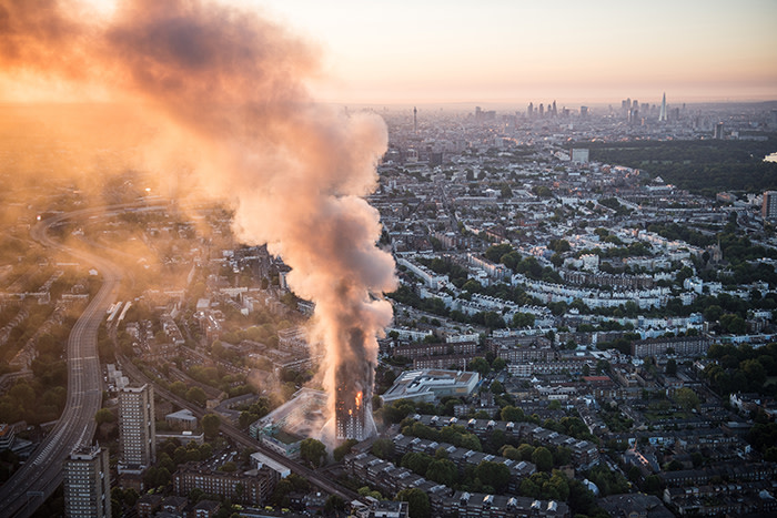 Aerial photograph showing Grenfell Tower on fire in London. Photo taken on Wednesday 14th June 2017. One time use ONLY.