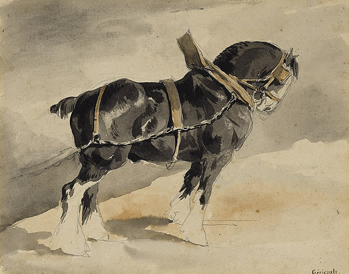 THÉODORE GÉRICAULT (Rouen 1791 - 1824 Paris) RECTO: A CART HORSE; VERSO: A PRELIMINARY STUDY FOR A CART HORSE Watercolor over pencil (recto); pencil (verso); 206 by 264 mm 80,000 USD - 120,000 USD (c) Sothebys