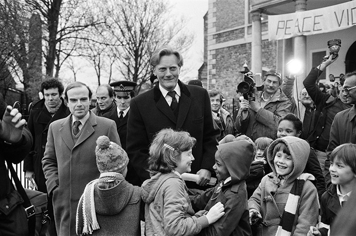 Michael Heseltine, Secretary of State for Defence, during his walk about in Lewisham, where he was attending a peace vigil at St Mary's Church. 11th February 1983. (C) Albert Foster / Mirrorpix