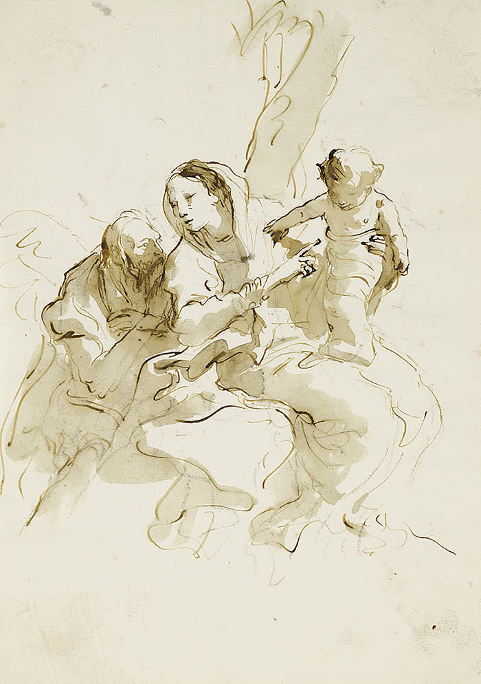 GIOVANNI BATTISTA TIEPOLO (Venice 1696 - 1770 Madrid) THE HOLY FAMILY Pen and brown ink and wash over black chalk 277 by 200 mm 100,000 USD - 150,000 USD (c) Sothebys
