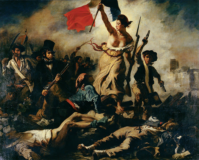 FRANCE - CIRCA 2002: Liberty Leading the People (July 28, 1830), 1830, by Eugene Delacroix (1798-1863), oil on canvas, 260x325 cm. (Photo by DeAgostini/Getty Images); Paris, Musée Du Louvre. (Photo by DeAgostini/Getty Images)