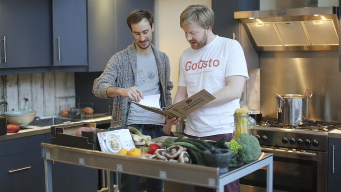 Co-founders of Gusto, Timo Schmidt (white short) and James Carter. Gusto is an online food delivery services, which provides exact portions of the ingredients needed to produce interesting, nutricious meals. Timo, one of the two founders, is now studying for an executive MBA at Judge Business School, Cambridge.