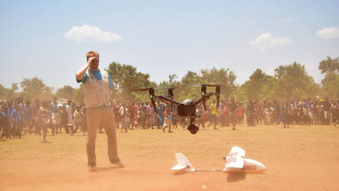 A drone landing after a surveillance mission.