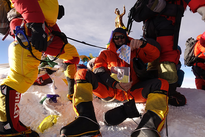 Eduard Wagner, a member of Furtenbach's high-speed &quot;Flash&quot; expedition, on the summit of Everest on May 21 this year 
