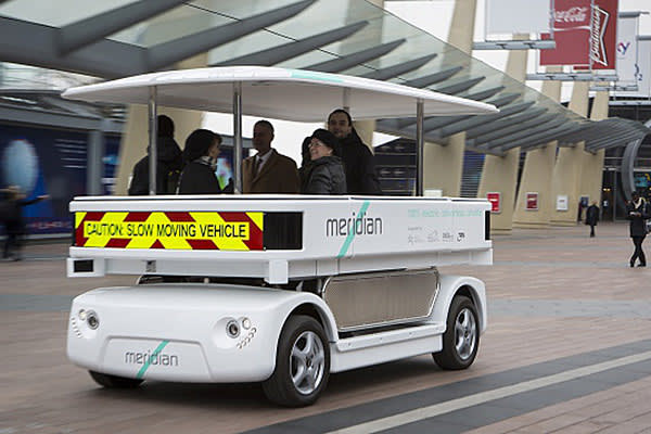 Driverless vehicles on trial outside the O2 arena in Greenwich