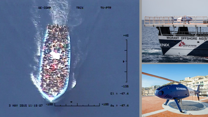 A drone's eye view of a migrant boat in the Mediterranean; the Migrant Offshore Aid Station with the drone on deck; and the Schiebel helicopter